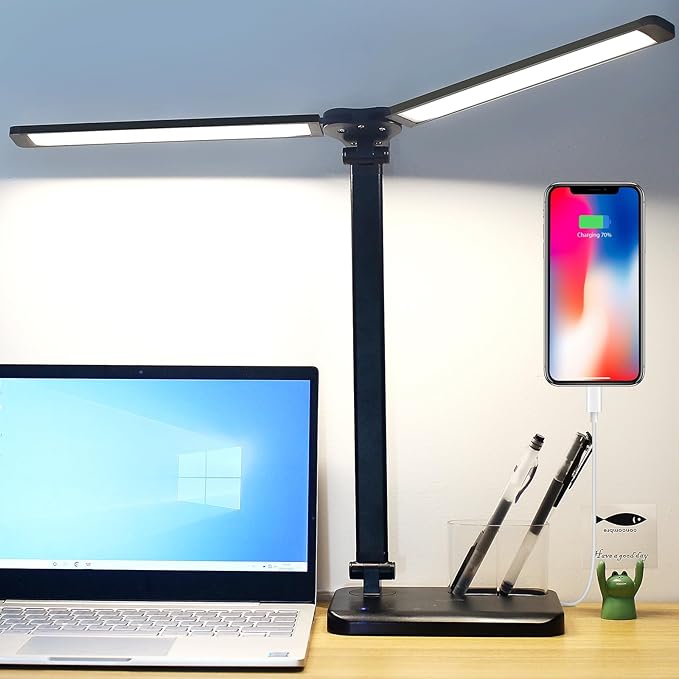 LED Desk Lamp with Dual Heads, 5 Color Modes & 10 Brightness Levels, Adjustable Reading Light for Home Office, Bedroom, Study, Craft (Black, Includes Adapter)