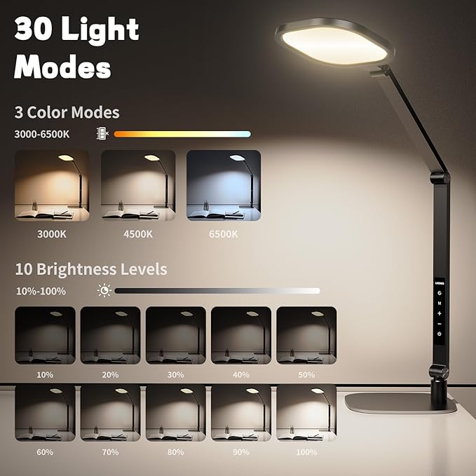 LED Desk Lamp for Home Office, Desk Light for Video Call, 3 Color Temperature 10 Brightness Computer Light, Dimmable Led Desk Light with Memory & Timer Func, Metal Swing Arm Architect Desk Lamp
