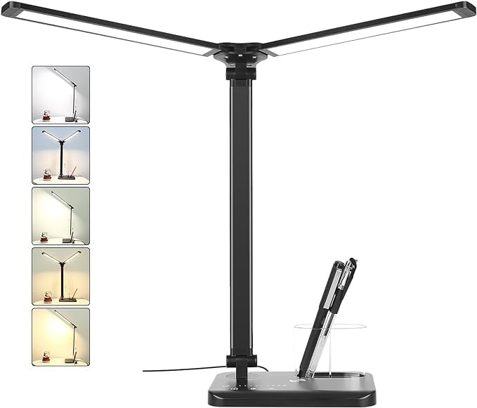 LED Desk Lamp with Dual Heads, 5 Color Modes & 10 Brightness Levels, Adjustable Reading Light for Home Office, Bedroom, Study, Craft (Black, Includes Adapter)