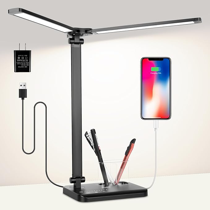 LED Desk Lamp with Dual Heads, 5 Color Modes & 10 Brightness Levels, Adjustable Reading Light for Home Office, Bedroom, Study, Craft (Black, Includes Adapter)