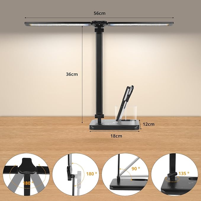 LED Desk Lamp with Dual Heads, 5 Color Modes & 10 Brightness Levels, Adjustable Reading Light for Home Office, Bedroom, Study, Craft (Black, Includes Adapter)