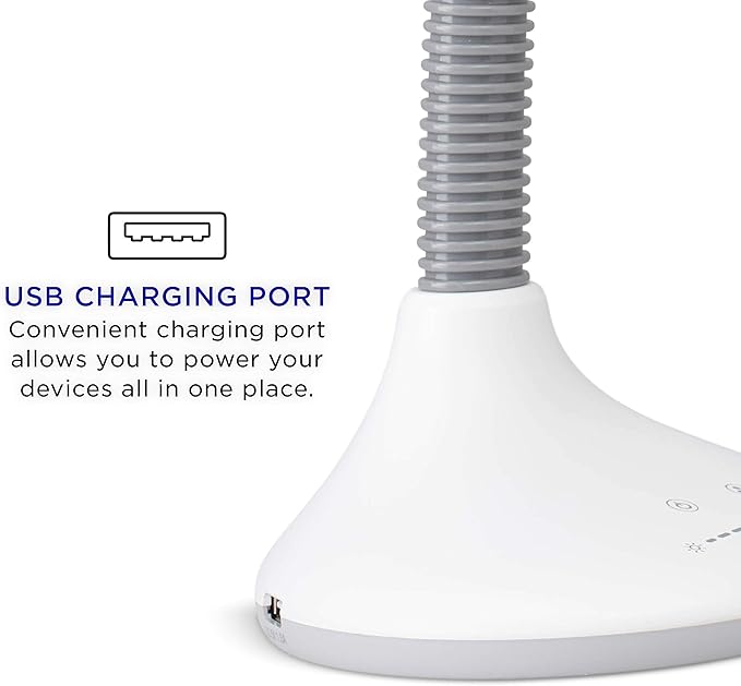 Full Spectrum LED Desk Lamp with Adjustable Brightness, Flexible Gooseneck and Integrated USB Charging Port - Reduces Eye Strain and Fatigue - Ideal for Readers, Artists, Crafters