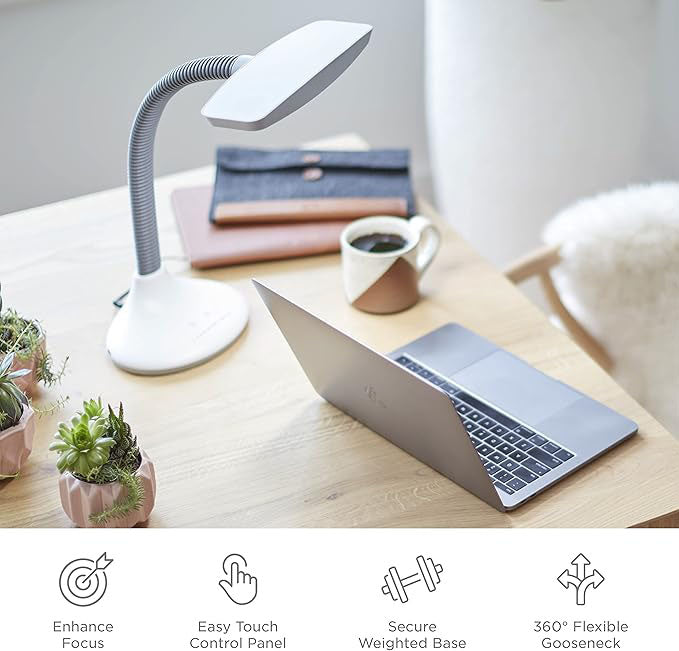 Full Spectrum LED Desk Lamp with Adjustable Brightness, Flexible Gooseneck and Integrated USB Charging Port - Reduces Eye Strain and Fatigue - Ideal for Readers, Artists, Crafters