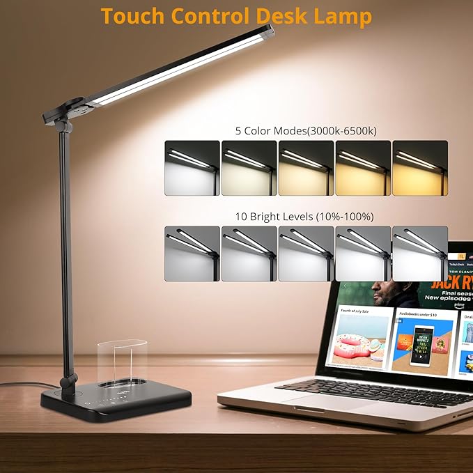 LED Desk Lamp with Dual Heads, 5 Color Modes & 10 Brightness Levels, Adjustable Reading Light for Home Office, Bedroom, Study, Craft (Black, Includes Adapter)