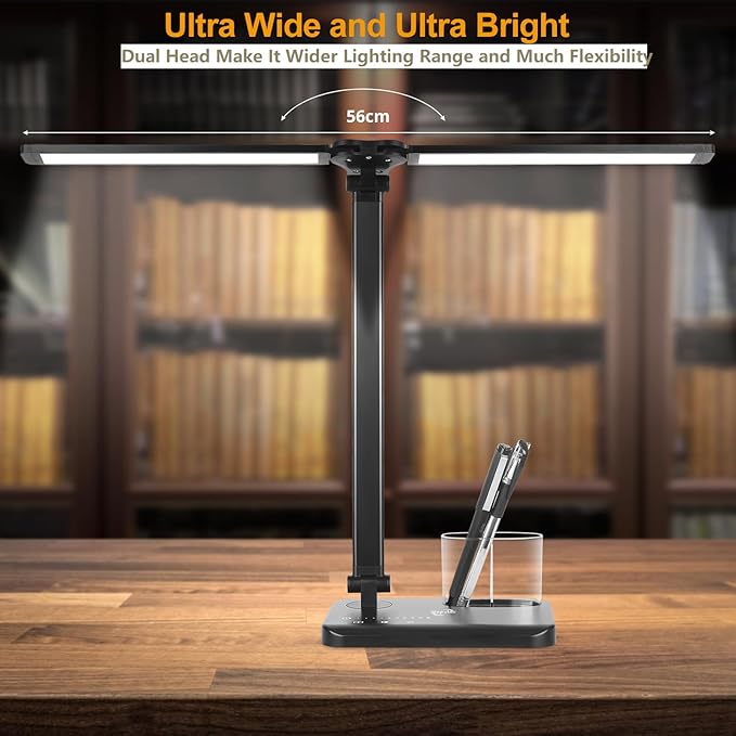 LED Desk Lamp with Dual Heads, 5 Color Modes & 10 Brightness Levels, Adjustable Reading Light for Home Office, Bedroom, Study, Craft (Black, Includes Adapter)
